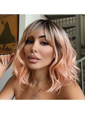 Women's Dream Orange Ombre Bob Party Wig with Bangs Short Curly Synthetic